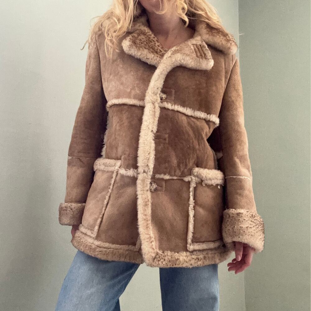 Vintage 70s Lakeland Wool Suede Sheepskin Shearling Coat Tan Size 42